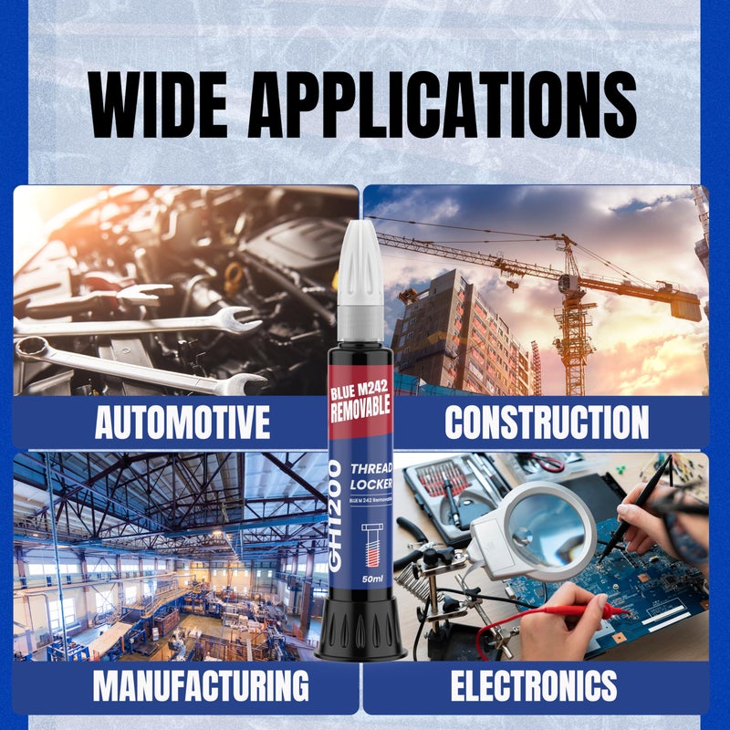 GH1200-50ML Blue Thread Lock Medium Strength for Nuts, Bolts, and Metals - Threadlocker Lock Tight & Seal Fasteners with Stable and Consistent Performance - Image 4